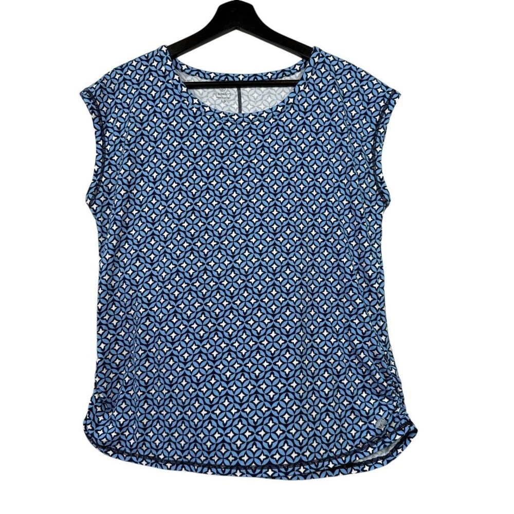 T by Talbots Shirt Lp Pettite Cap Sleeve Ruched Side Blue White Geo Tunic Top